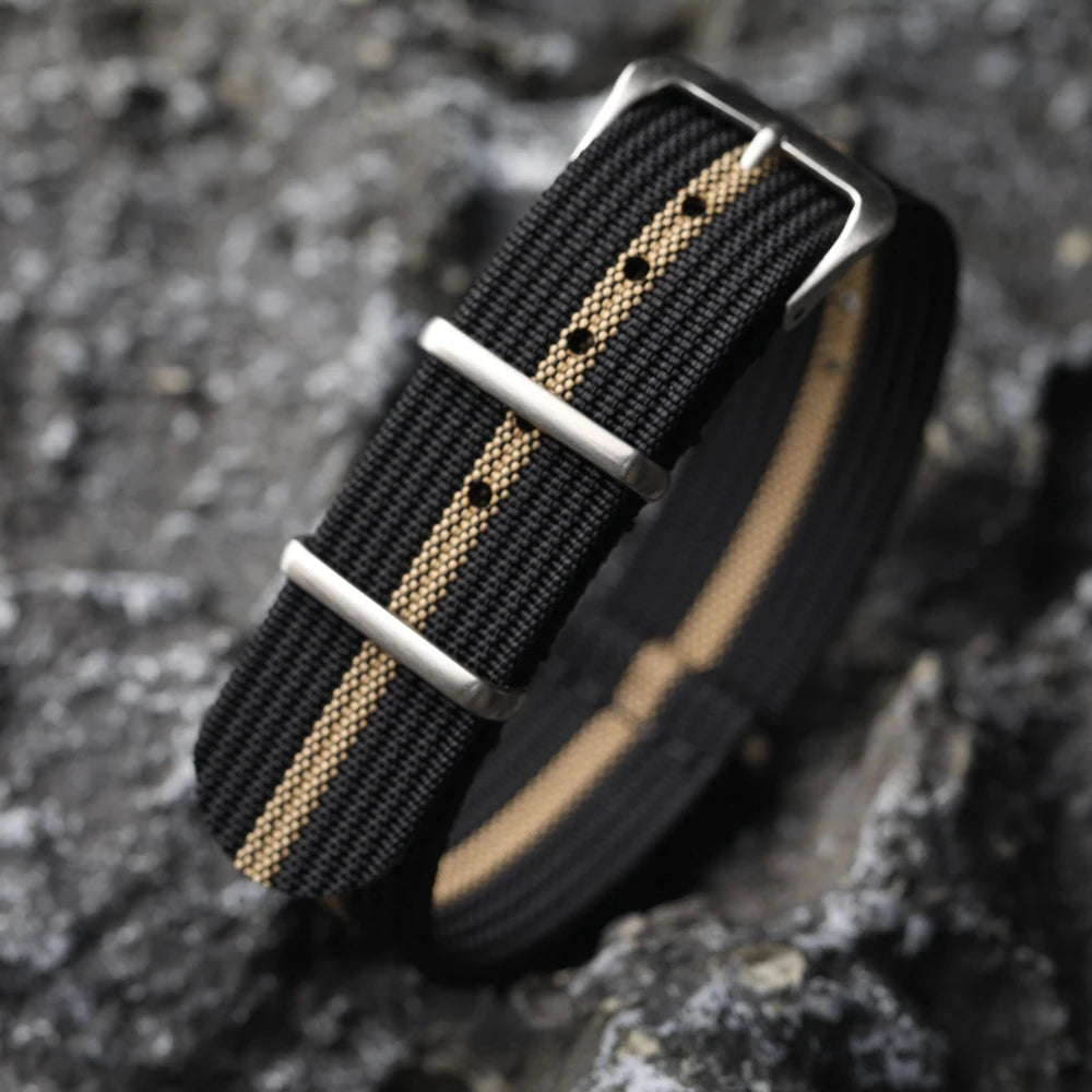 Horlo Ribbed Nylon NATO Strap – Black & Gold | 18mm, 20mm & 22mm